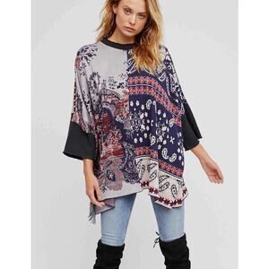Free People Womens S Multicolor Paisley Fringed Poncho Tunic Top Oversized Boho